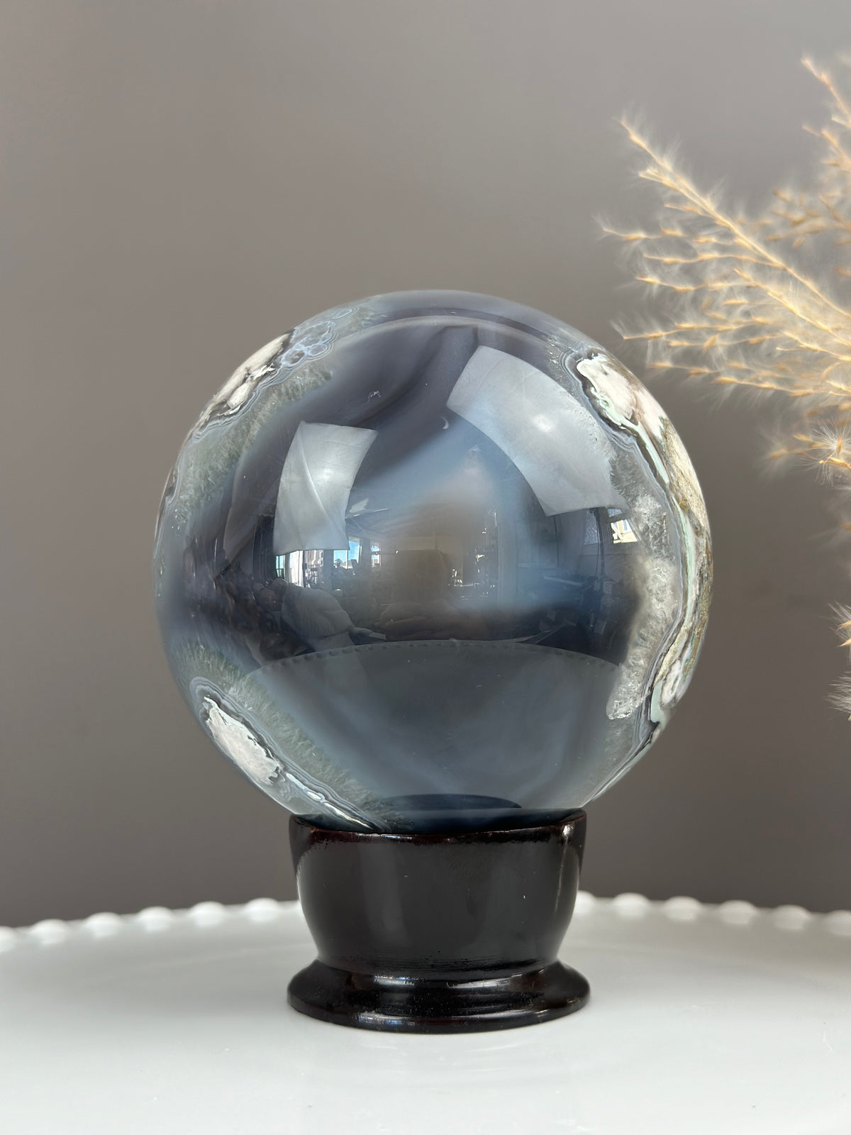 BLUE LAGOON Statement Blue Banded Flower Agate with Green Quartz Sphere 3.6” // 90mm