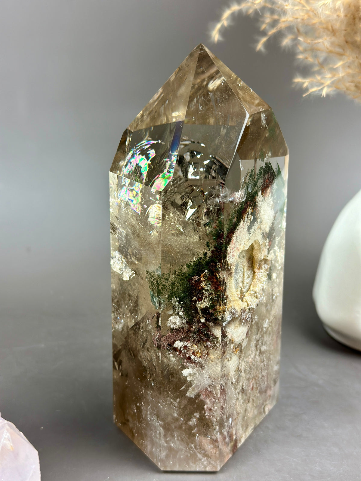 SMOKY LUSH Large Smoky Garden Quartz Tower with Rainbow Inclusions 5.75”
