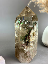 SMOKY LUSH Large Smoky Garden Quartz Tower with Rainbow Inclusions 5.75”