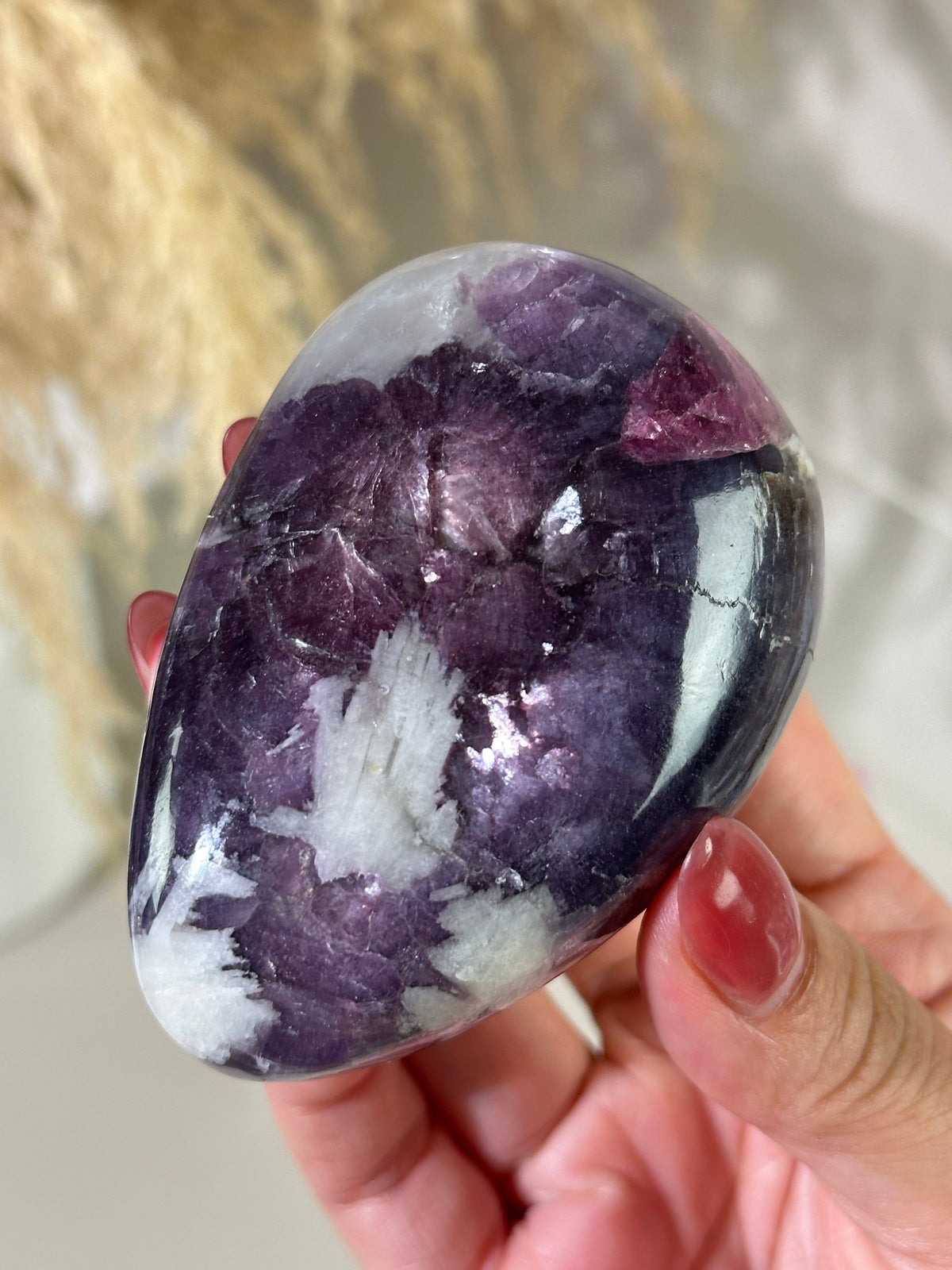 Pearly Lepidolite with Pink Tourmaline, Smoky Quartz & Cleavelandite XL Palm Stone — Russia | 6.5 oz