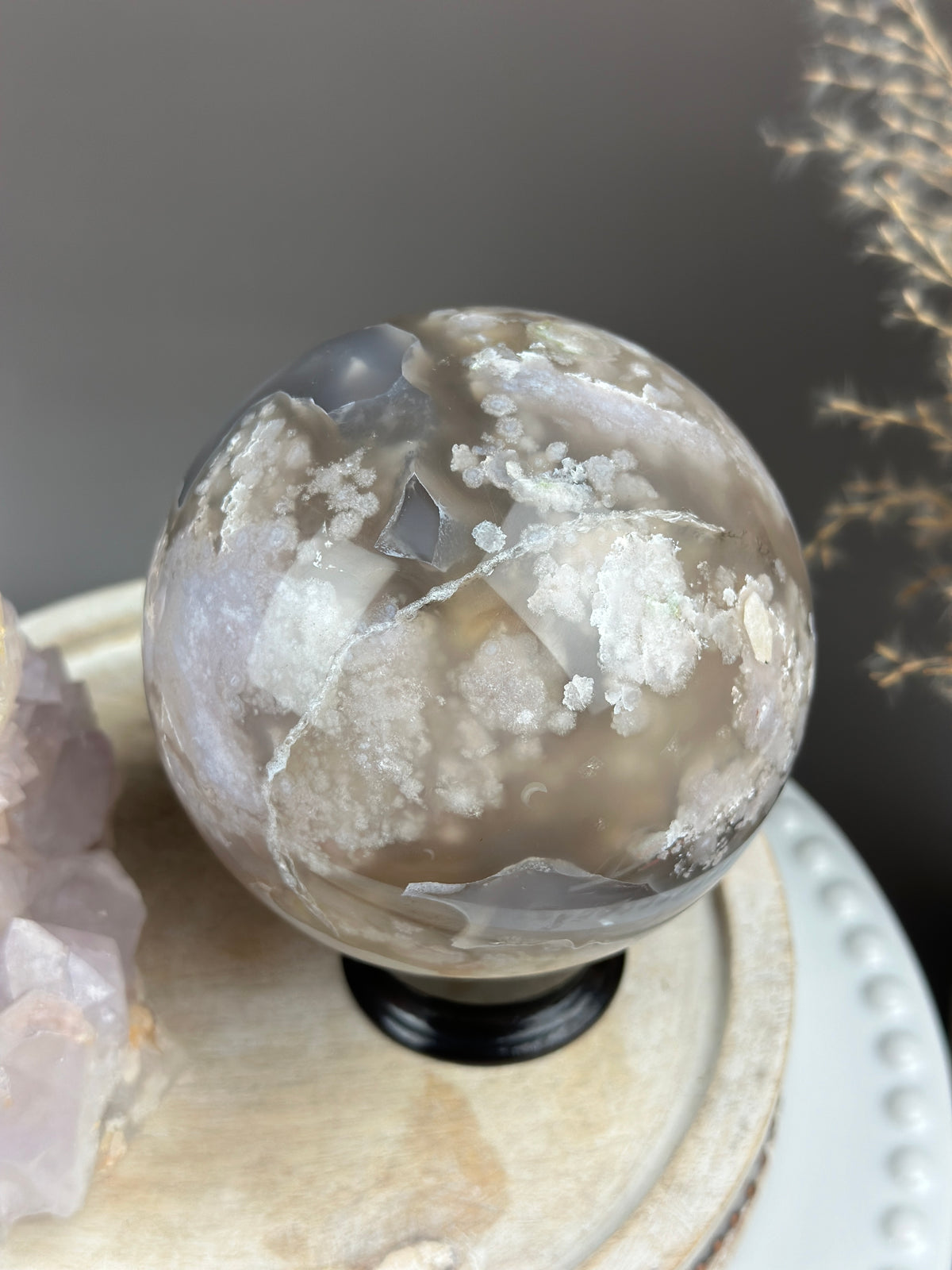 FLEUR Golden Taupe & Blue Banded Statement Flower Agate Sphere 95mm // 3.75”