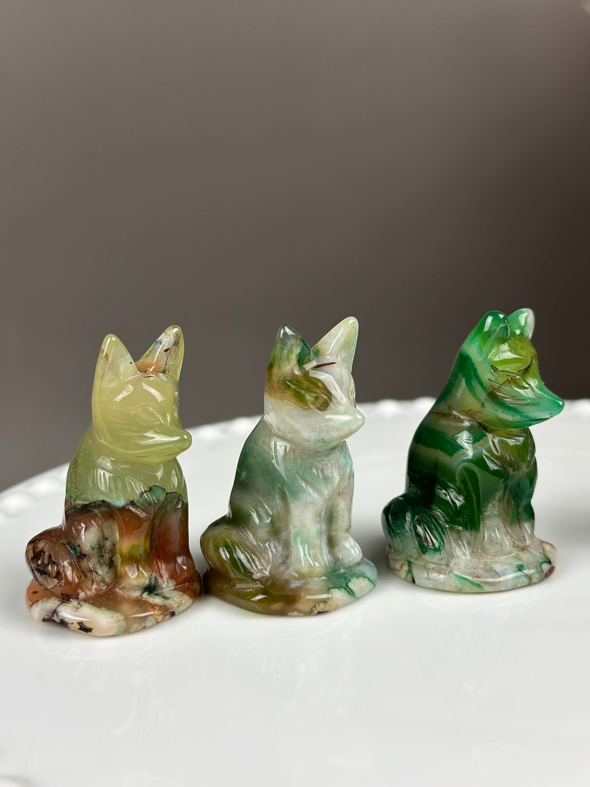 Green Flower Agate Small Crystal Fox Carving