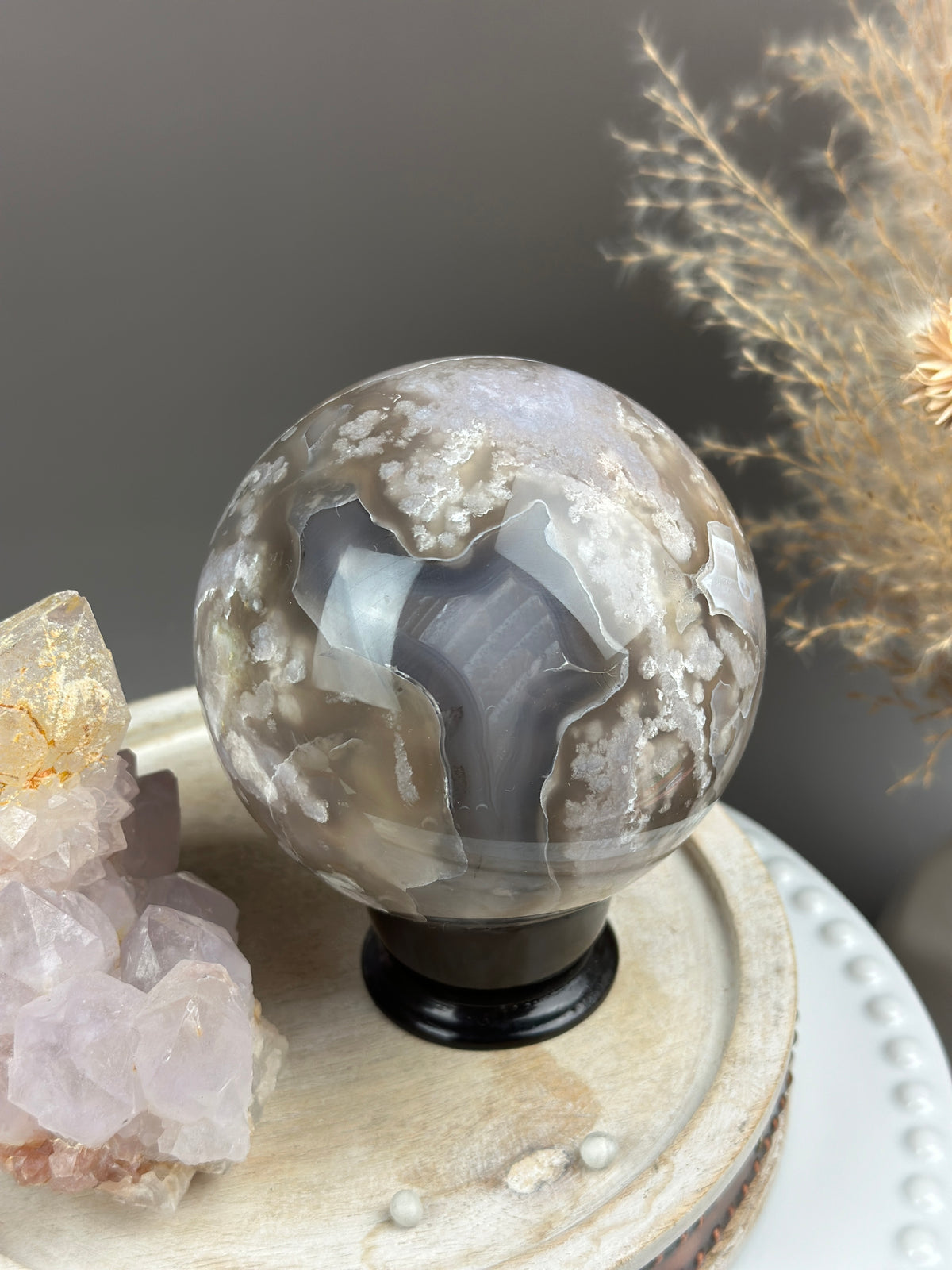 FLEUR Golden Taupe & Blue Banded Statement Flower Agate Sphere 95mm // 3.75”