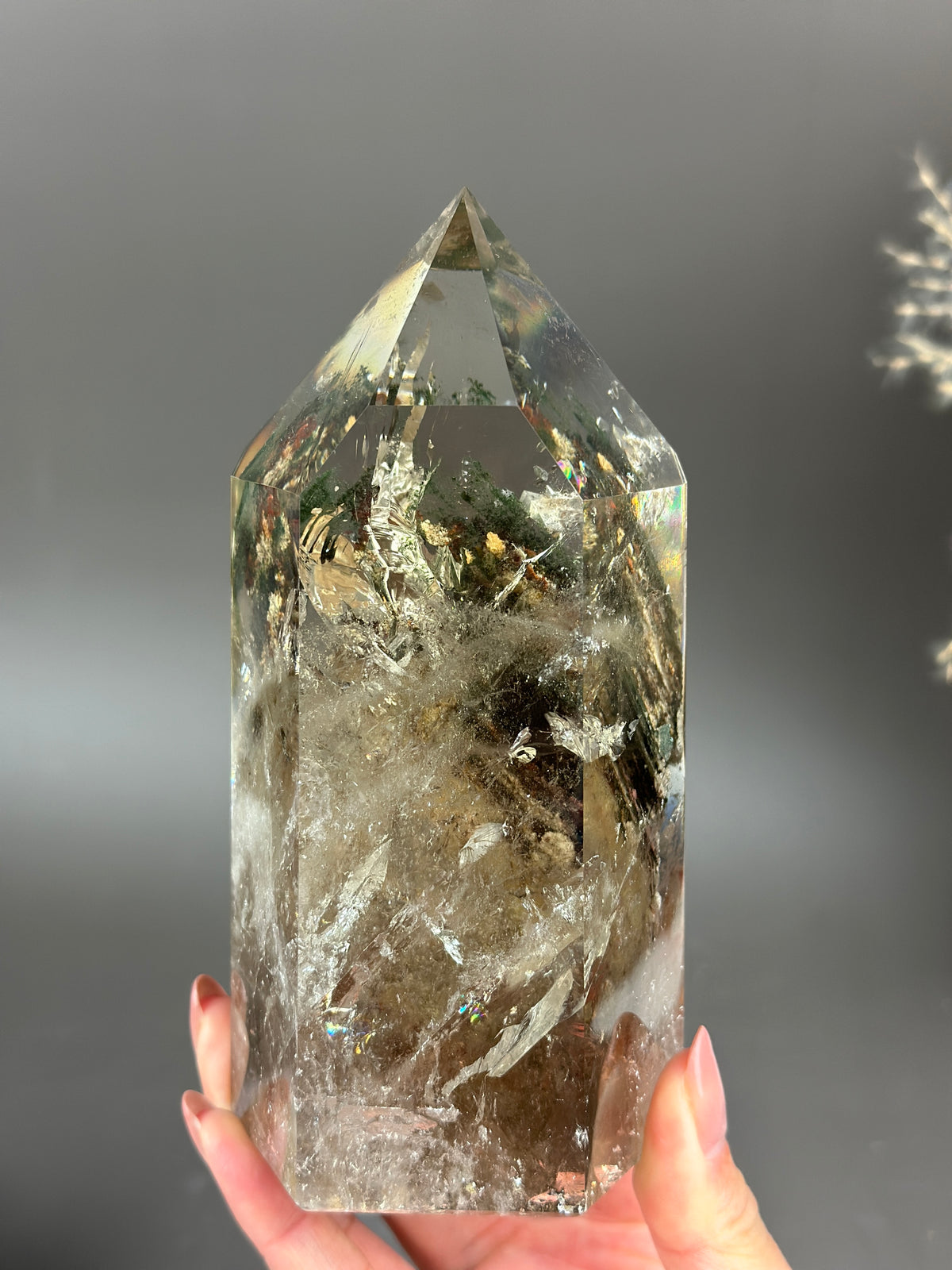 SMOKY LUSH Large Smoky Garden Quartz Tower with Rainbow Inclusions 5.75”