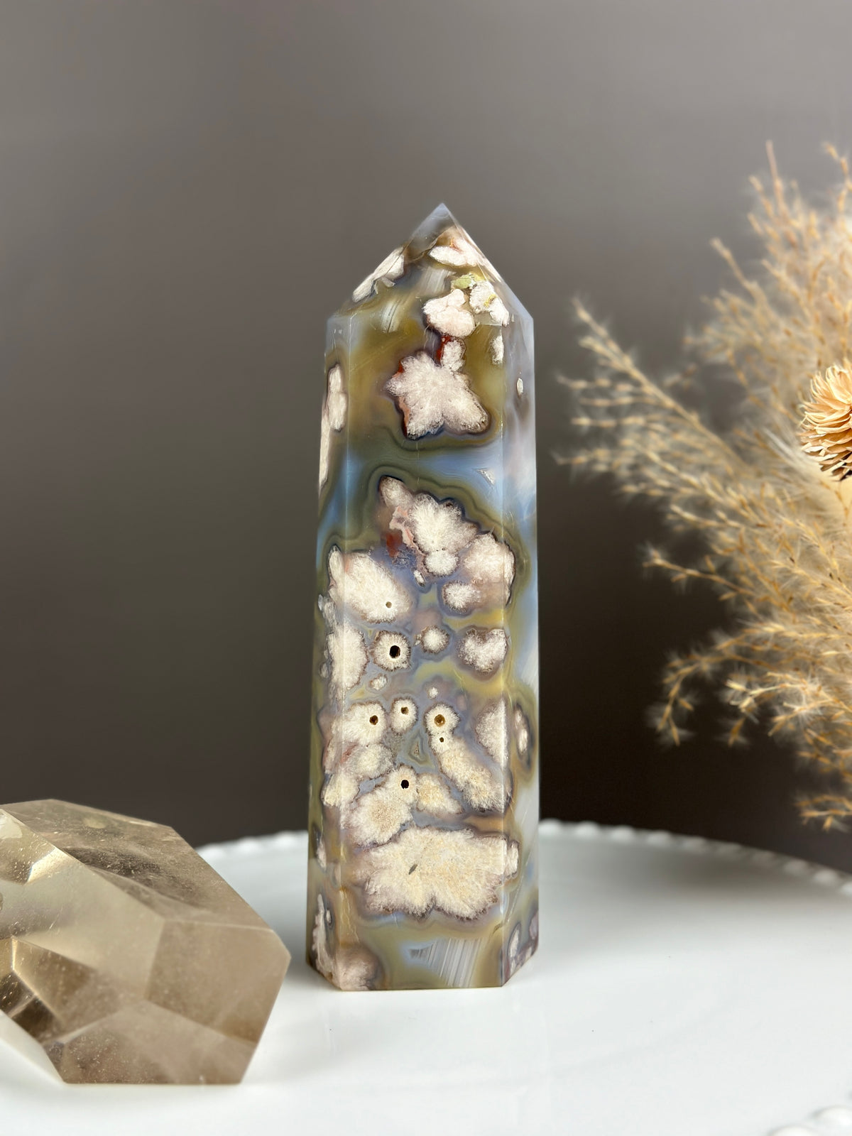 SAGE MUSTARD Groovy Milky Yellows and Blue Flower Agate 7” Tower