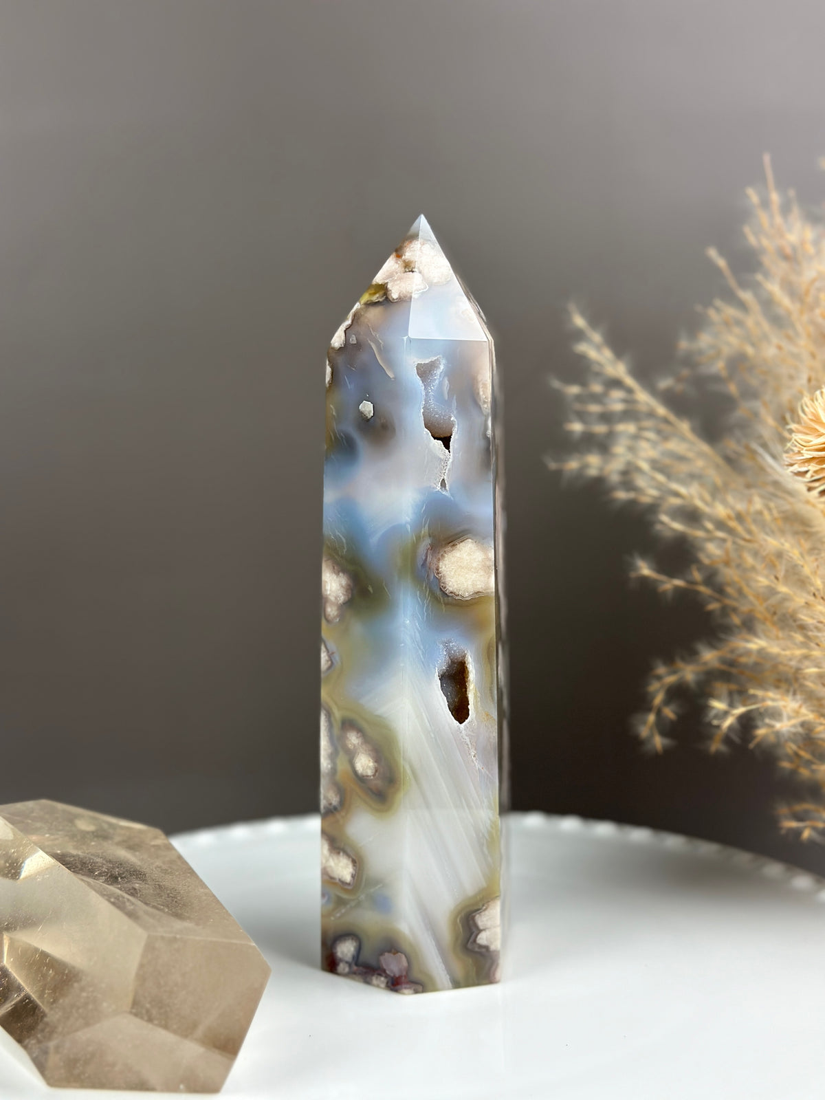 SAGE MUSTARD Groovy Milky Yellows and Blue Flower Agate 7” Tower