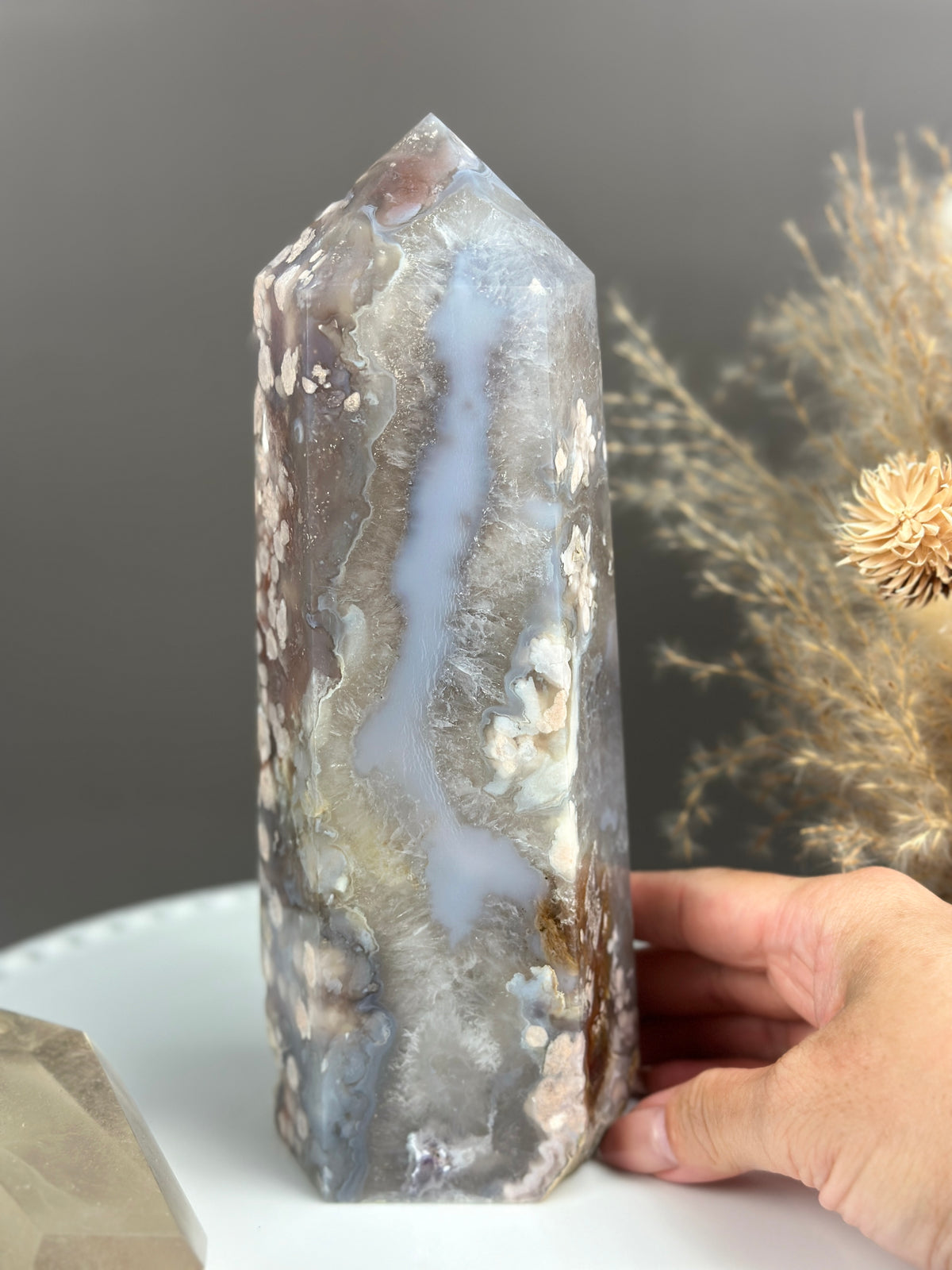 TIGER LILY Statement Flower Agate 7.75” Tower w/ Blue Rivers and Raining Flowers