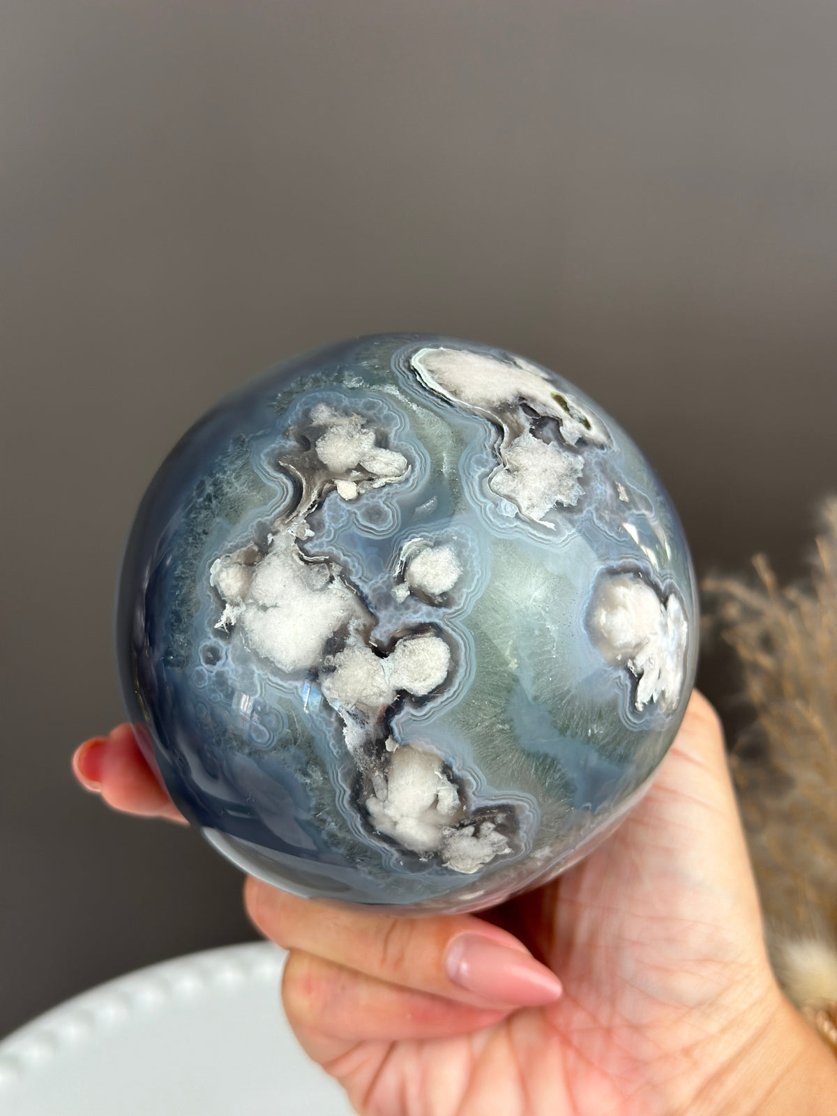 BLUE LAGOON Statement Blue Banded Flower Agate with Green Quartz Sphere 3.6” // 90mm