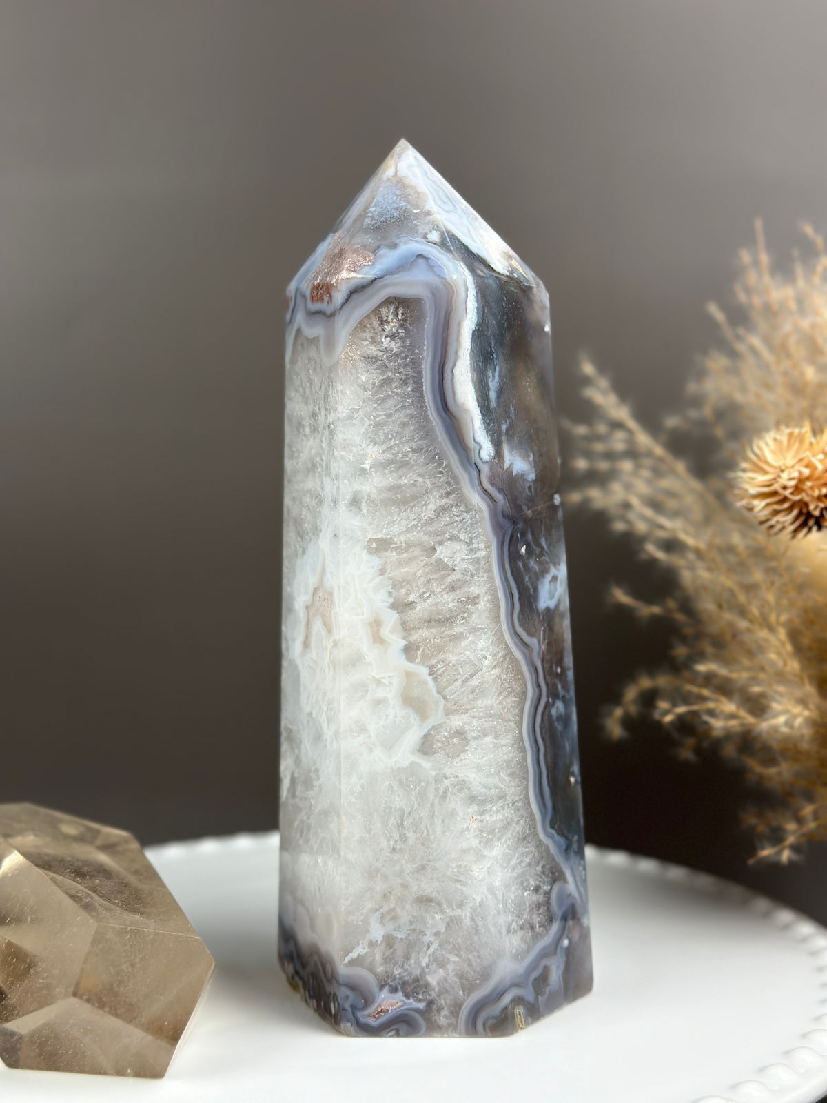 MIDNIGHT WINTER Moody Blues & Quartzy Statement Flower Agate 8” Tower