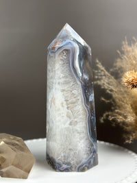 MIDNIGHT WINTER Moody Blues & Quartzy Statement Flower Agate 8” Tower