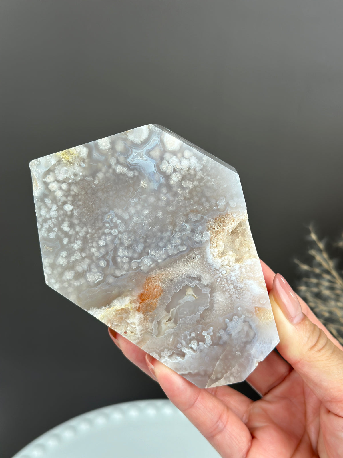 Slab Freeform Pale Grey Blue Flower Agate with druzy pockets