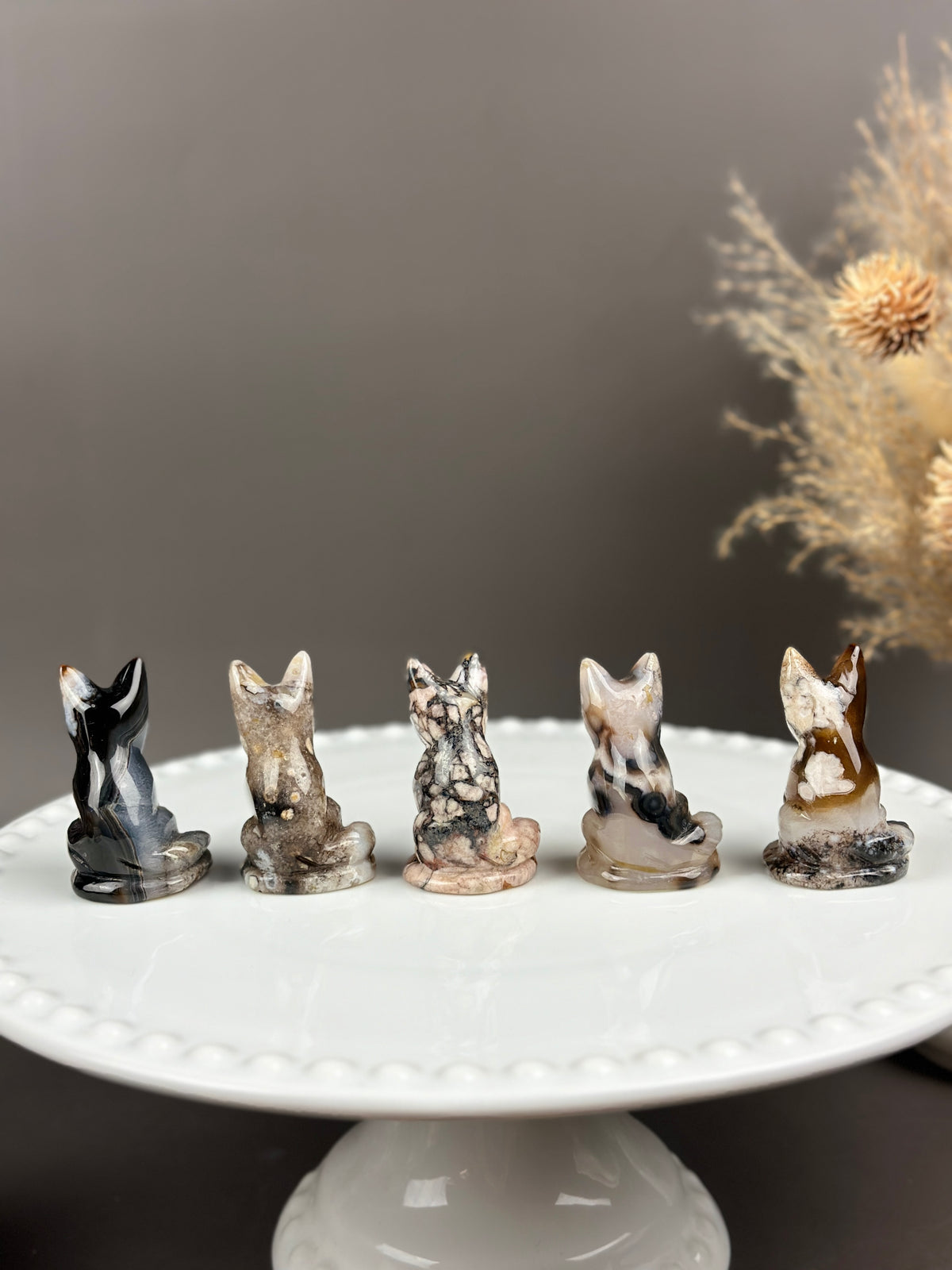 Black Flower Agate Small Crystal Fox Carvings