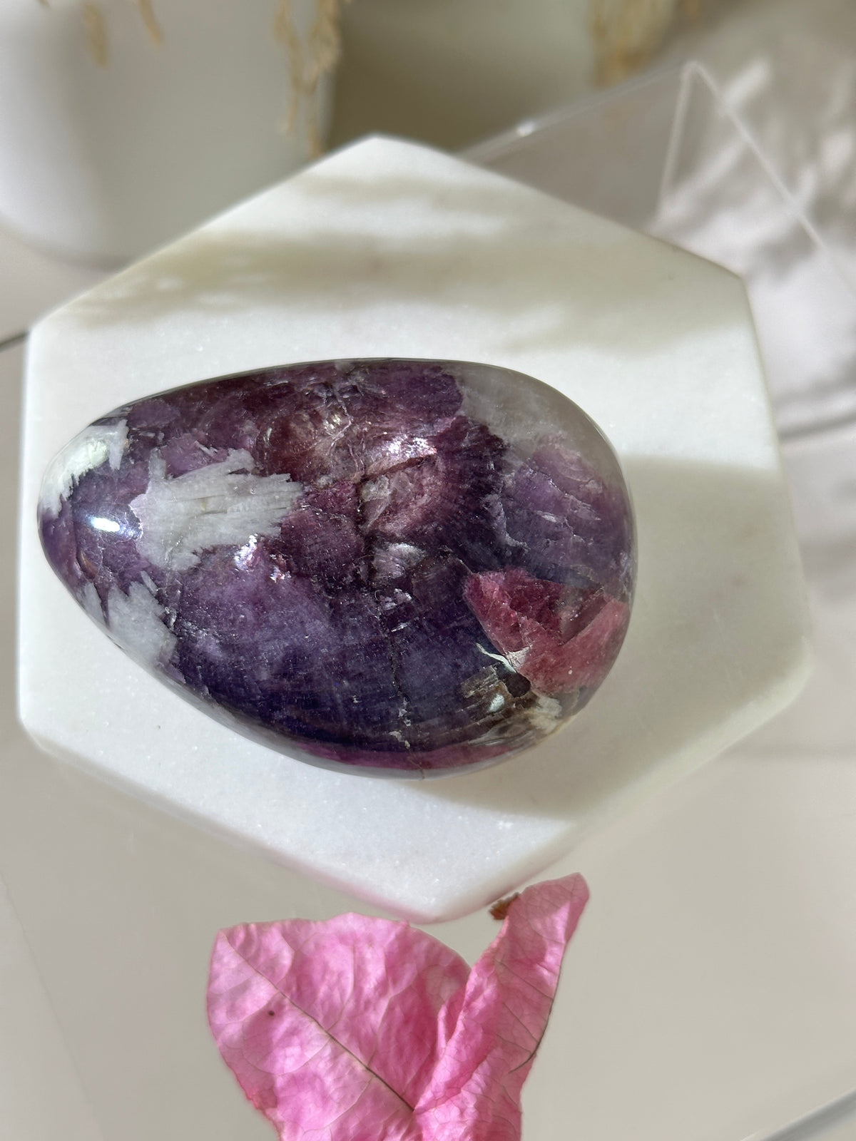 Pearly Lepidolite with Pink Tourmaline, Smoky Quartz & Cleavelandite XL Palm Stone — Russia | 6.5 oz