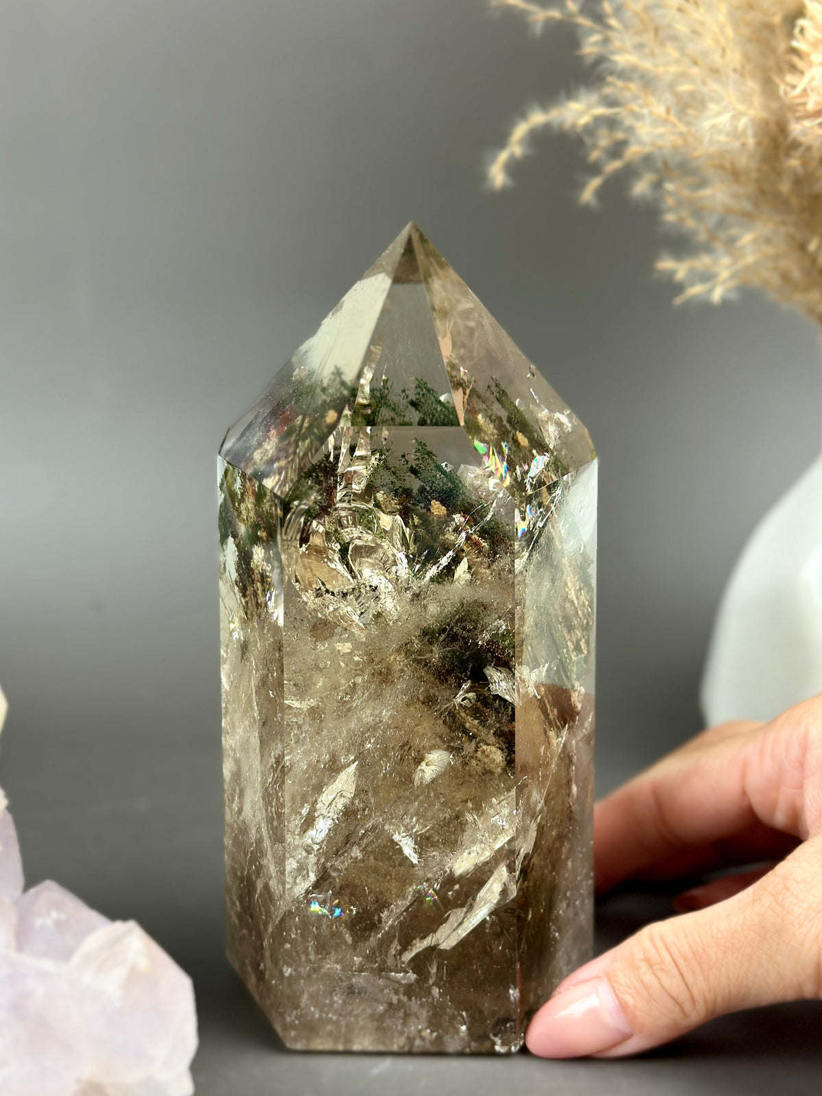 SMOKY LUSH Large Smoky Garden Quartz Tower with Rainbow Inclusions 5.75”