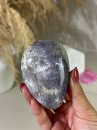 Pearly Lepidolite with Pink Tourmaline, Smoky Quartz & Cleavelandite XL Palm Stone — Russia | 6.5 oz