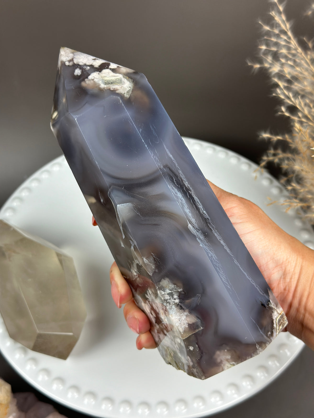 ELVIS 7” Statement Moody Blue Flower Agate tower with Black Swirls & Banding