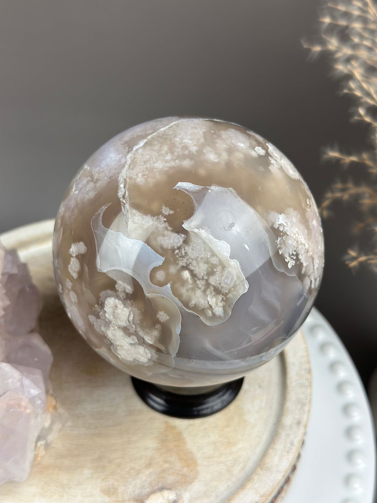 FLEUR Golden Taupe & Blue Banded Statement Flower Agate Sphere 95mm // 3.75”