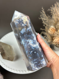 MIDNIGHT WINTER Moody Blues & Quartzy Statement Flower Agate 8” Tower