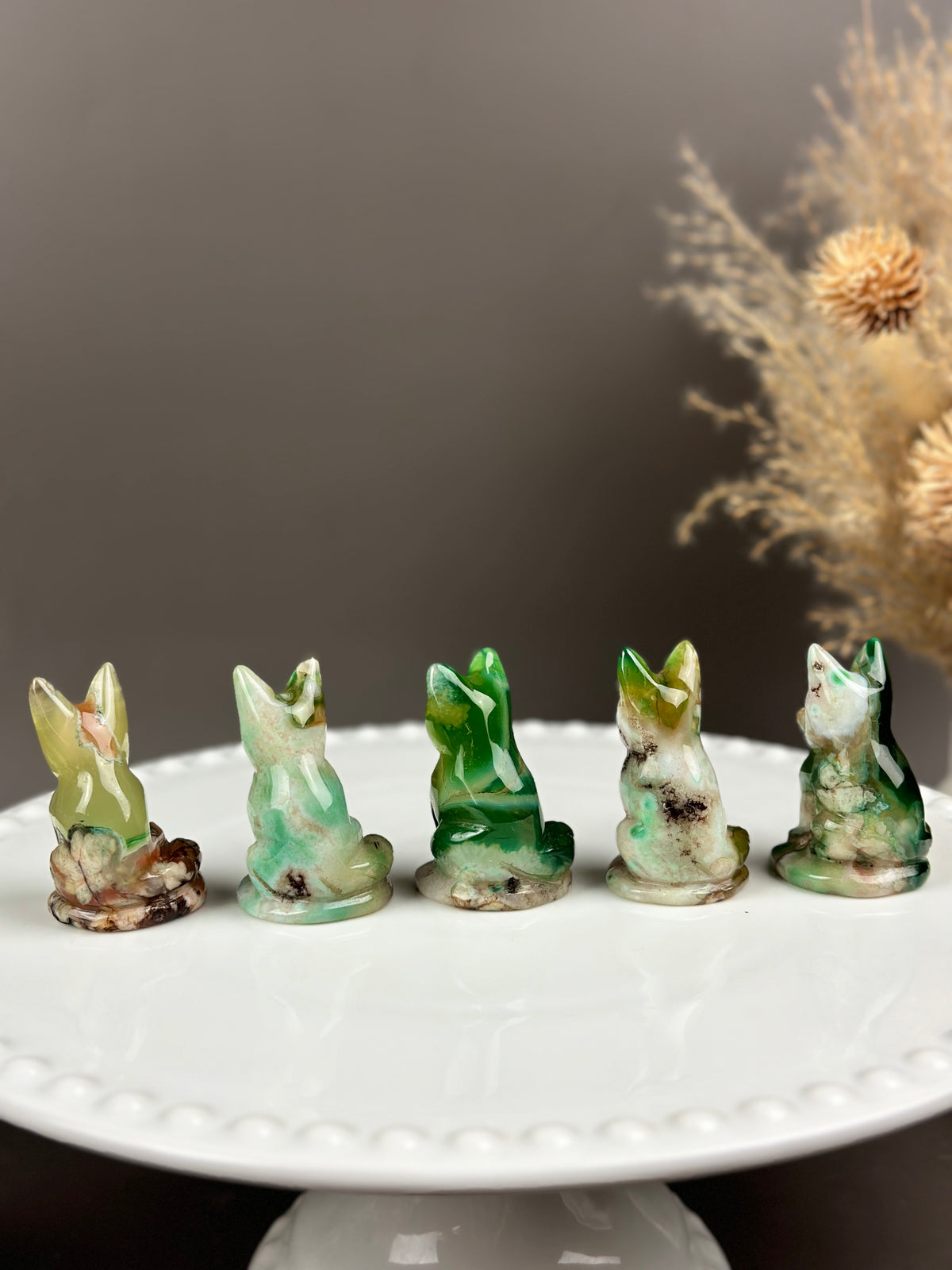 Green Flower Agate Small Crystal Fox Carving