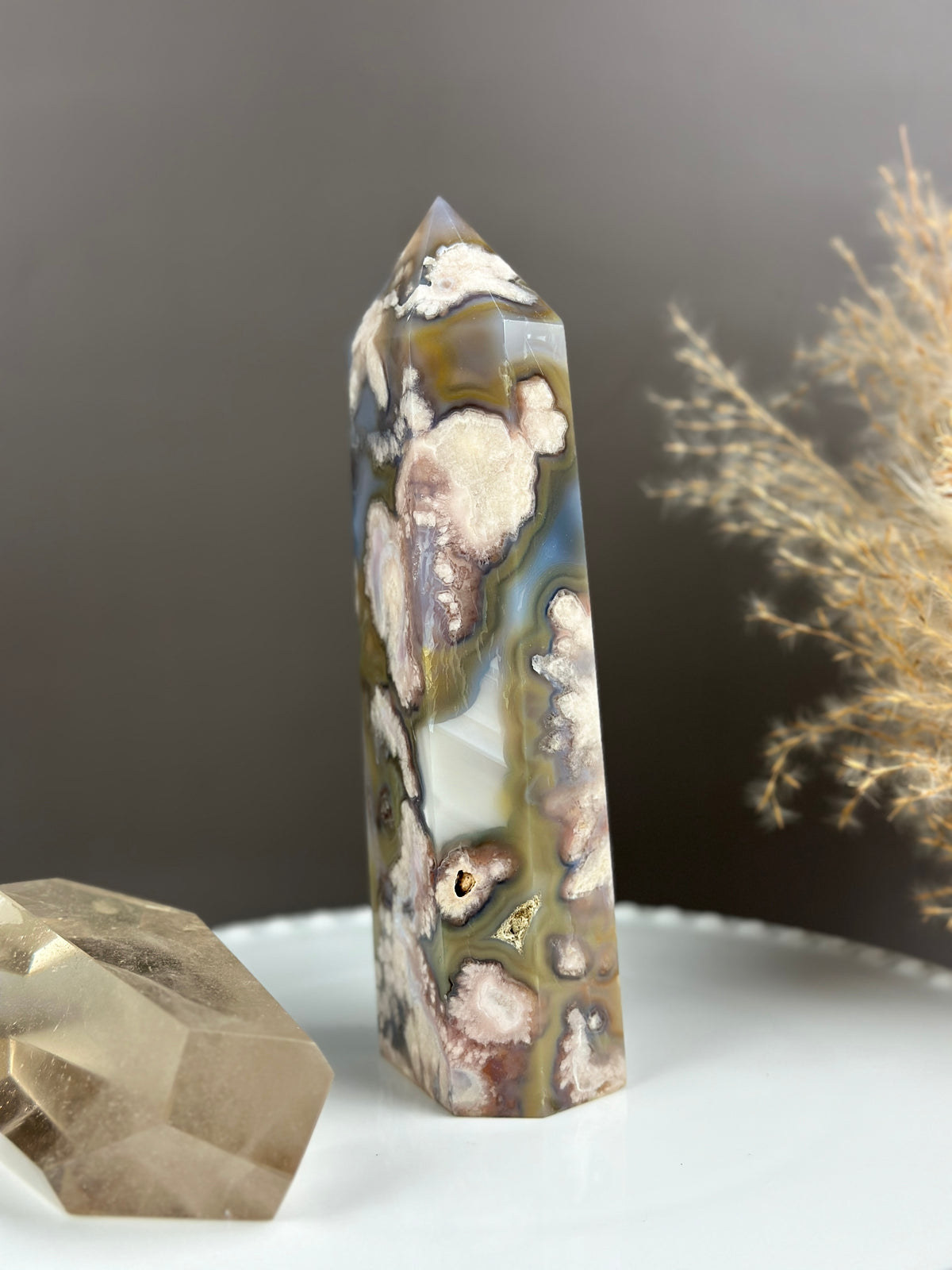 SAGE MUSTARD Groovy Milky Yellows and Blue Flower Agate 7” Tower