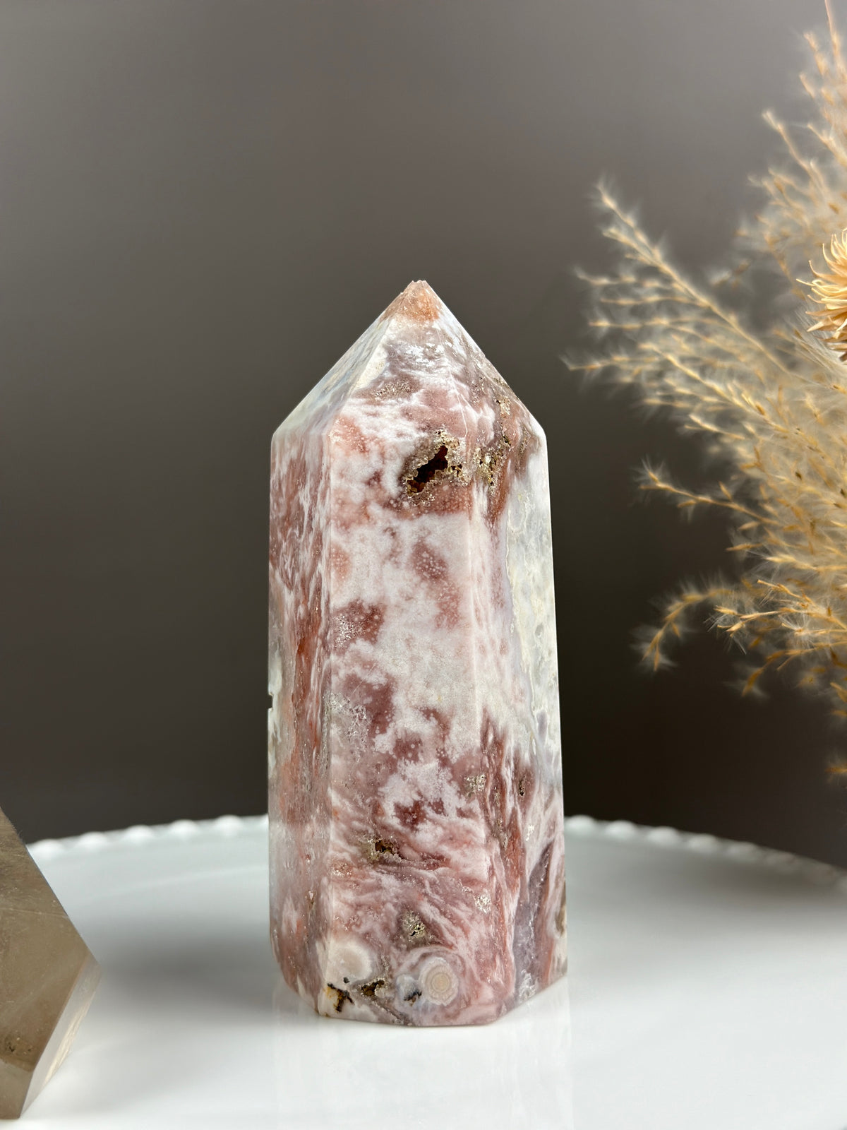 CANDYLAND Pink Red Swirly Quartzy Flower Agate Pink Amethyst 5” Tower