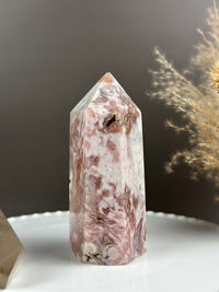 CANDYLAND Pink Red Swirly Quartzy Flower Agate Pink Amethyst 5” Tower
