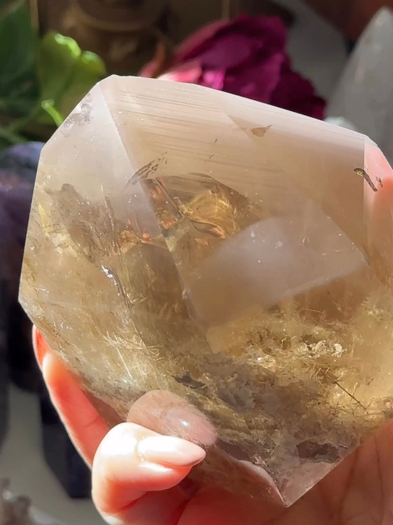 Pink Lithium Citrine Garden Statement Tower with rutile, phantoms and rainbows (Pink Universe)