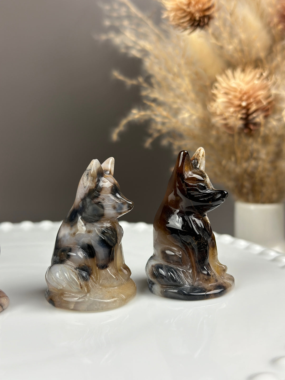 Black Flower Agate Small Crystal Fox Carvings