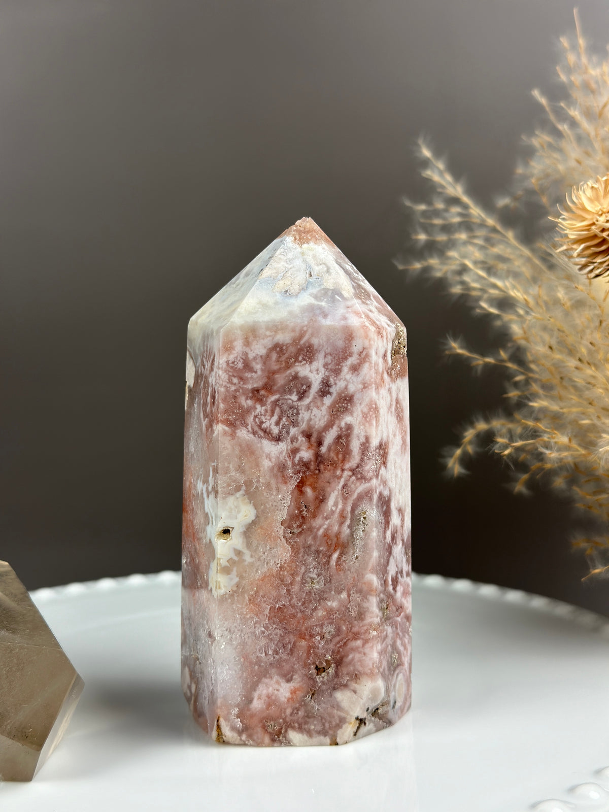 CANDYLAND Pink Red Swirly Quartzy Flower Agate Pink Amethyst 5” Tower