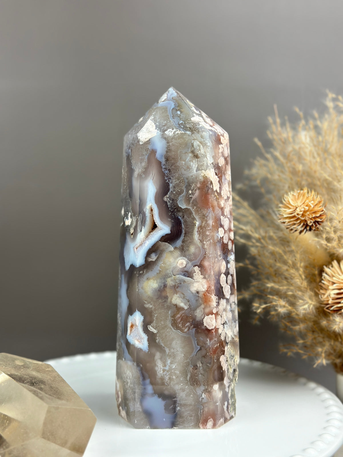 TIGER LILY Statement Flower Agate 7.75” Tower w/ Blue Rivers and Raining Flowers