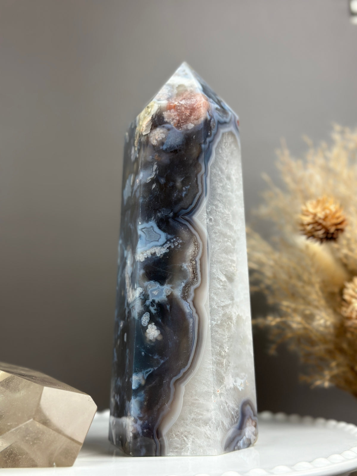 MIDNIGHT WINTER Moody Blues & Quartzy Statement Flower Agate 8” Tower