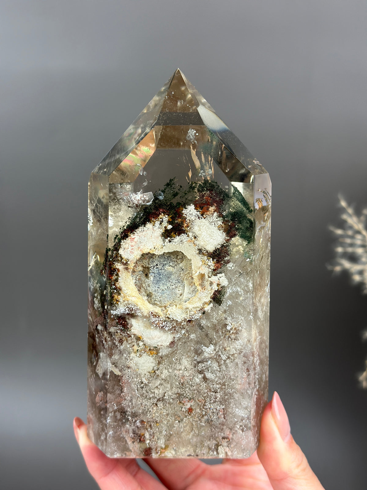 SMOKY LUSH Large Smoky Garden Quartz Tower with Rainbow Inclusions 5.75”