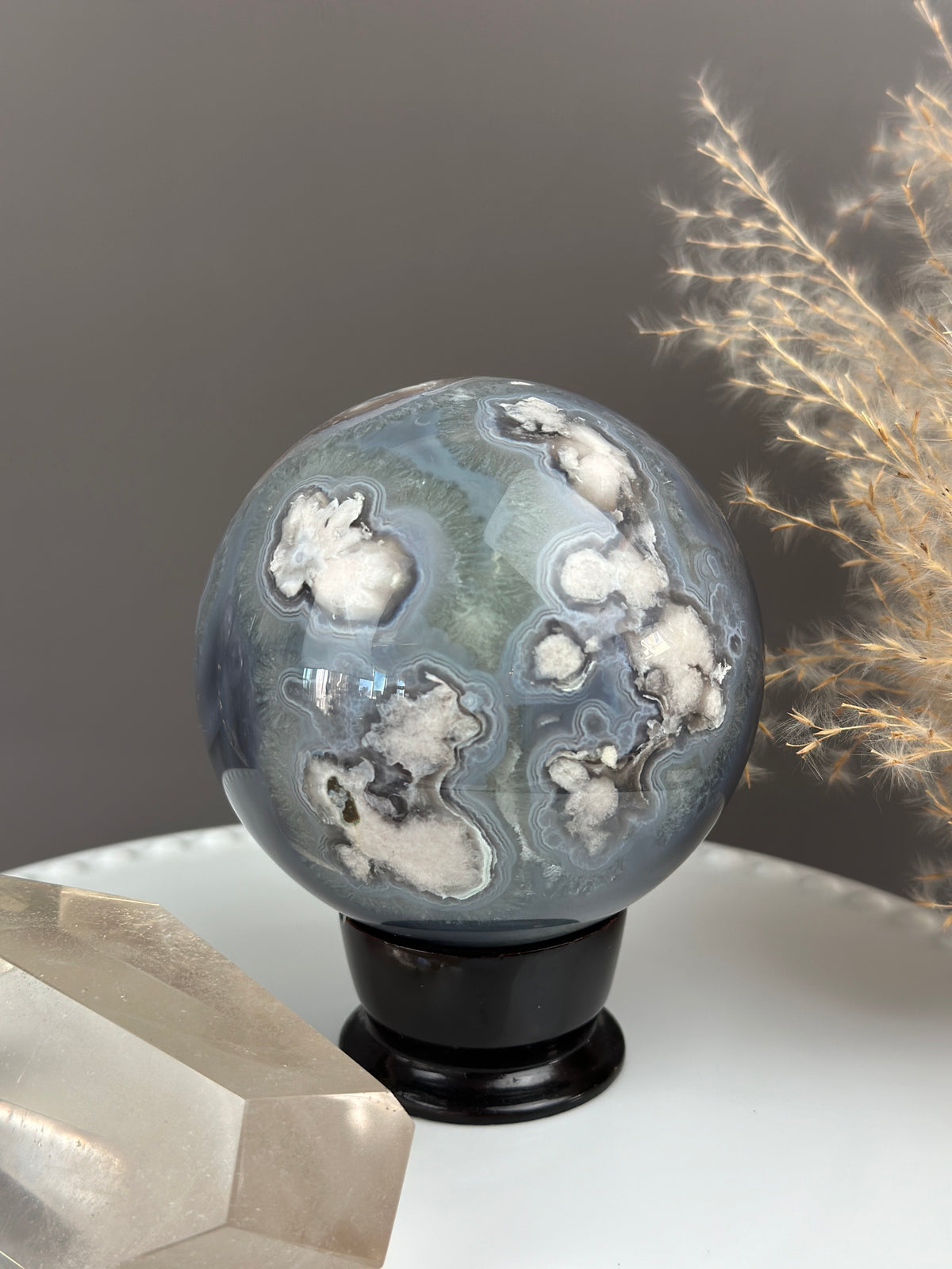 BLUE LAGOON Statement Blue Banded Flower Agate with Green Quartz Sphere 3.6” // 90mm