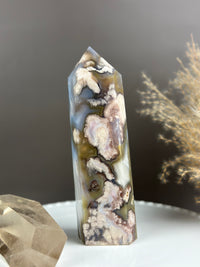 SAGE MUSTARD Groovy Milky Yellows and Blue Flower Agate 7” Tower