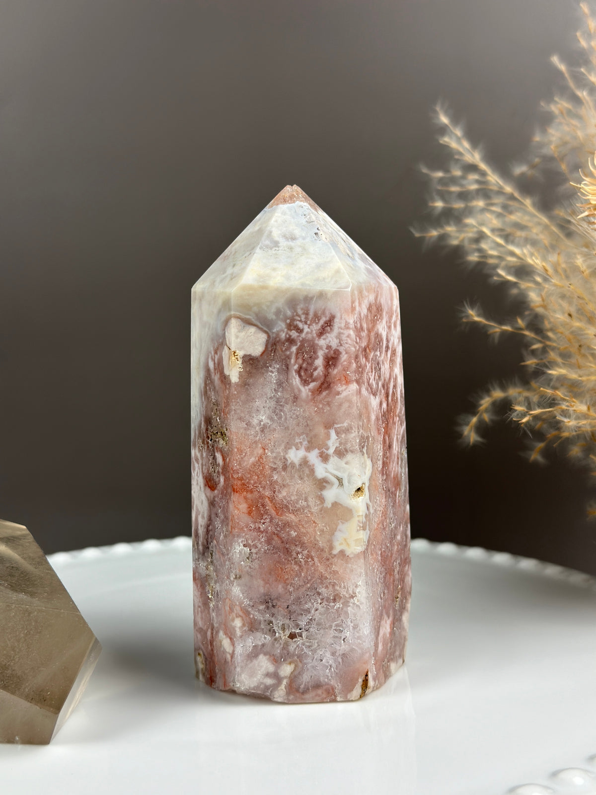 CANDYLAND Pink Red Swirly Quartzy Flower Agate Pink Amethyst 5” Tower