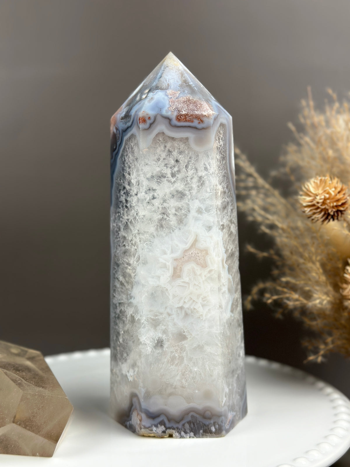 MIDNIGHT WINTER Moody Blues & Quartzy Statement Flower Agate 8” Tower