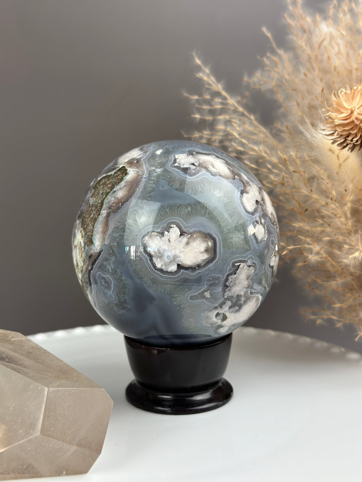 BLUE LAGOON Statement Blue Banded Flower Agate with Green Quartz Sphere 3.6” // 90mm