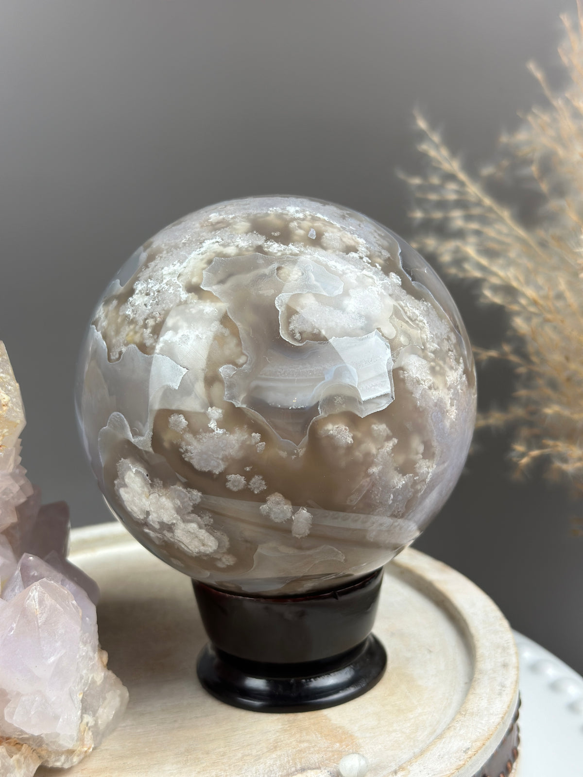 FLEUR Golden Taupe & Blue Banded Statement Flower Agate Sphere 95mm // 3.75”