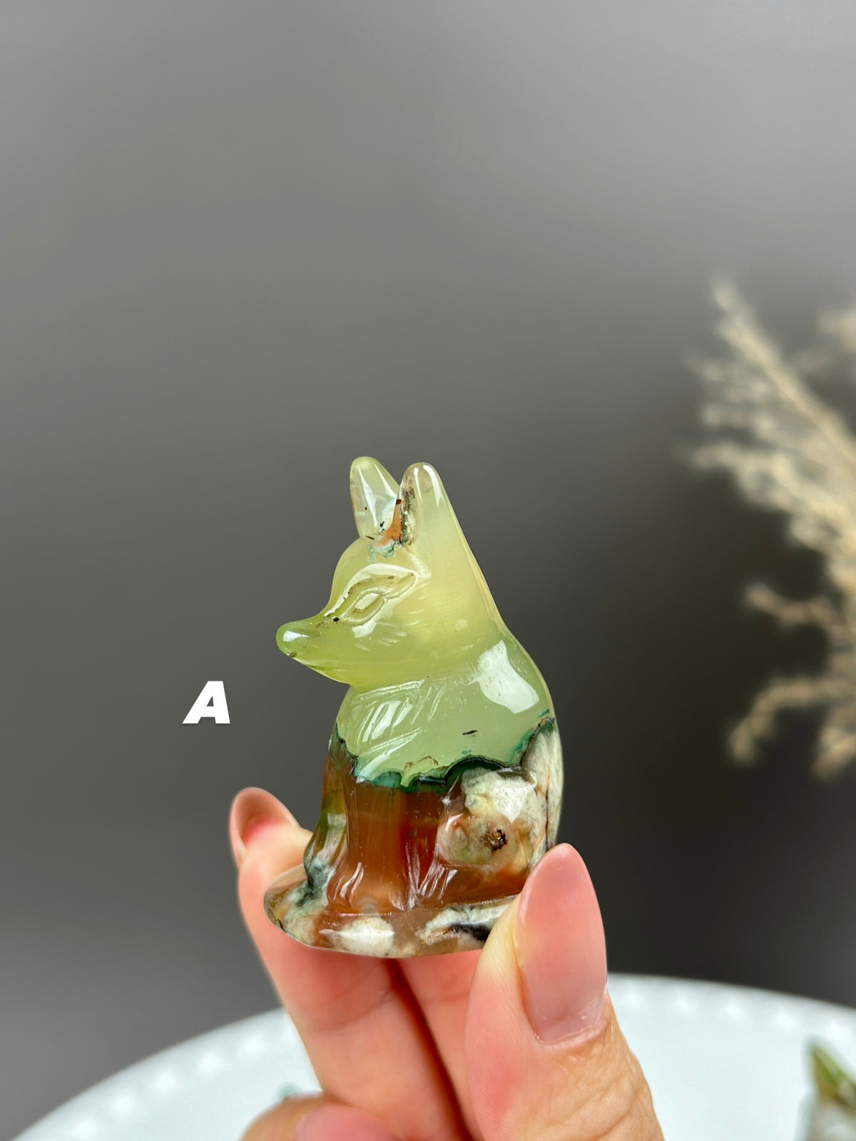 Green Flower Agate Small Crystal Fox Carving