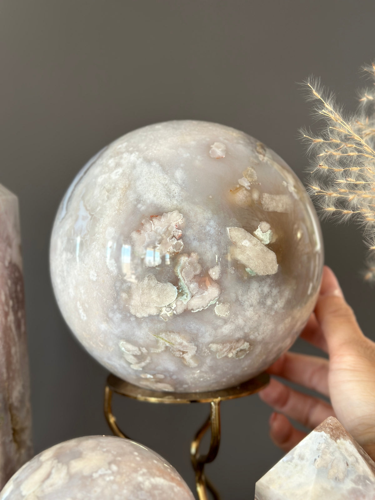 CINDERELLA Pale Pink Quartzy Flower Agate Statement Sphere 135mm