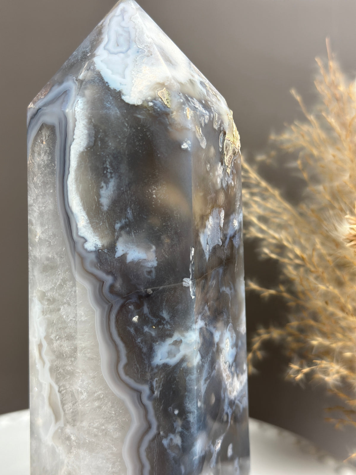 MIDNIGHT WINTER Moody Blues & Quartzy Statement Flower Agate 8” Tower