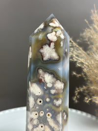 SAGE MUSTARD Groovy Milky Yellows and Blue Flower Agate 7” Tower