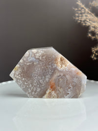 Slab Freeform Pale Grey Blue Flower Agate with druzy pockets