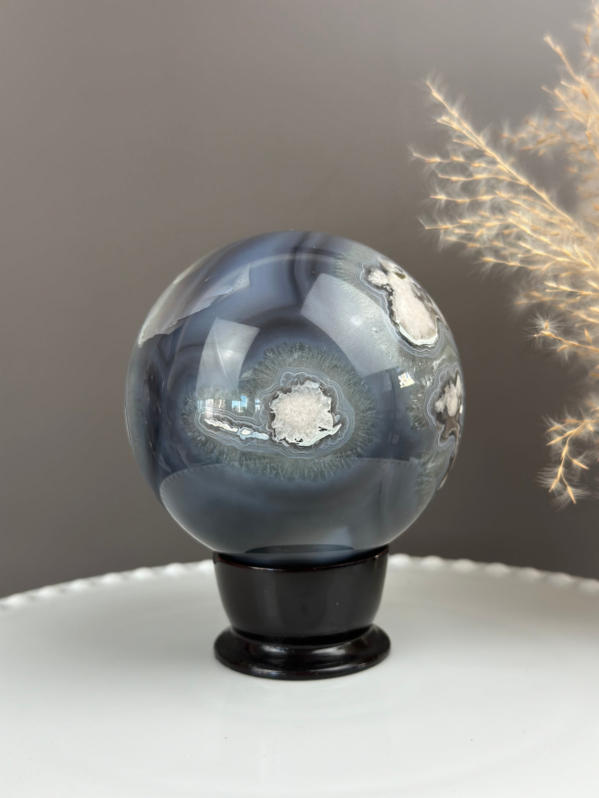 BLUE LAGOON Statement Blue Banded Flower Agate with Green Quartz Sphere 3.6” // 90mm