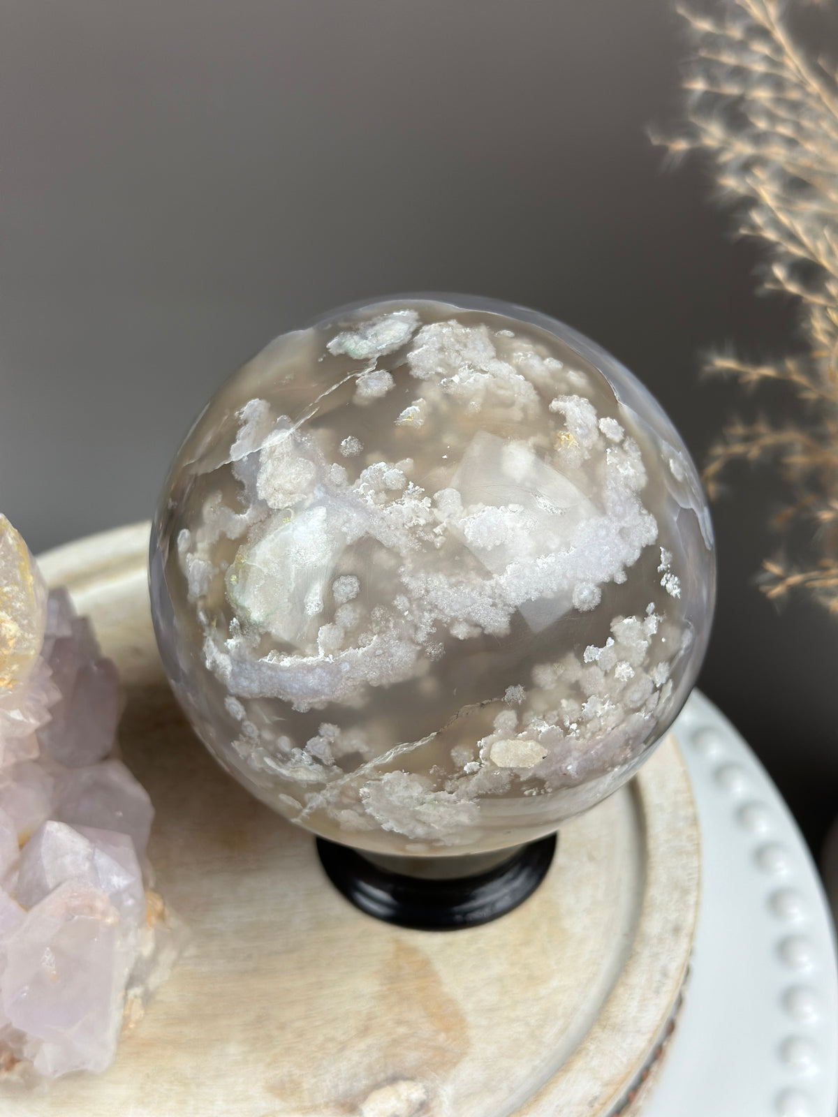 FLEUR Golden Taupe & Blue Banded Statement Flower Agate Sphere 95mm // 3.75”