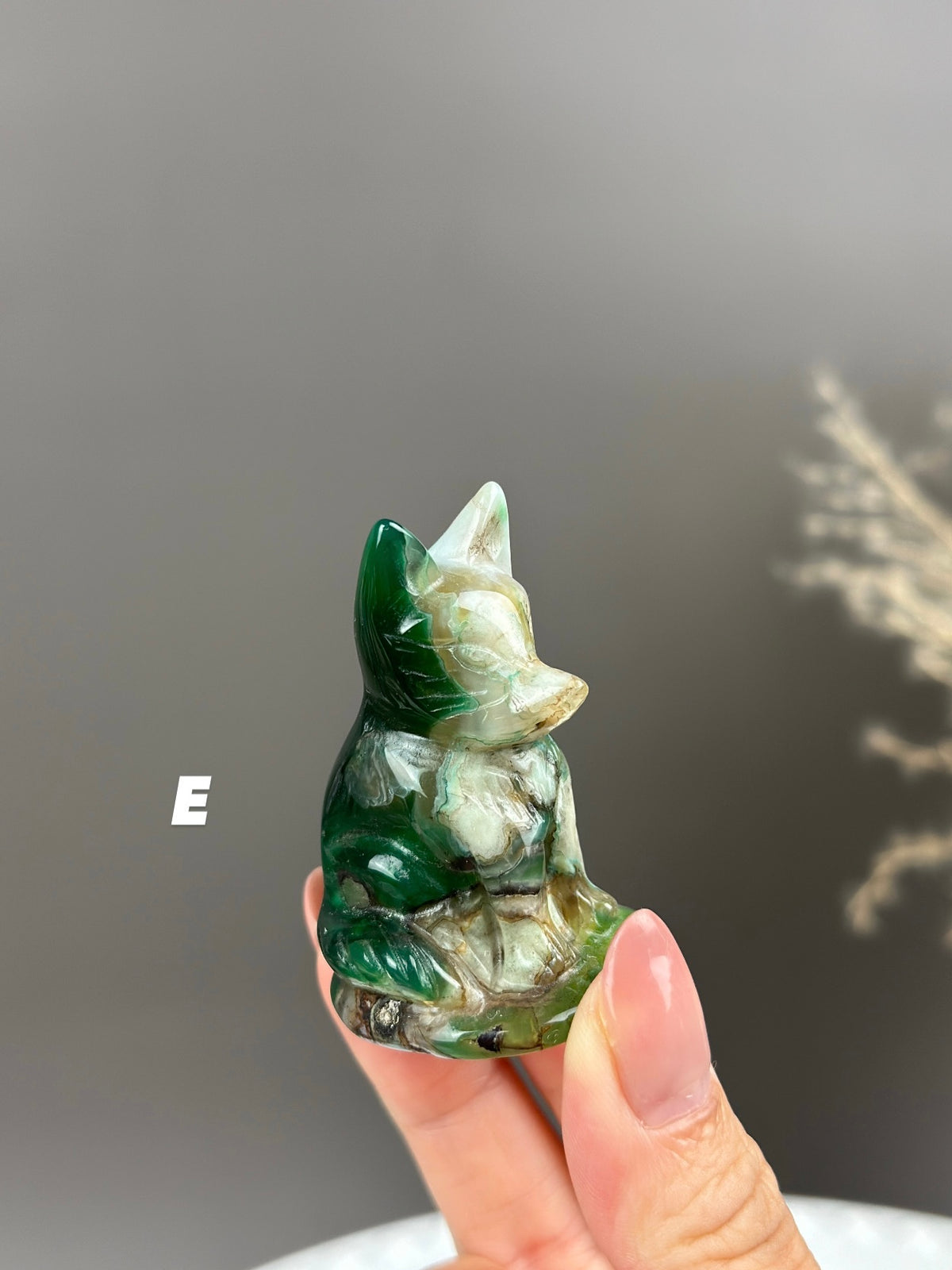 Green Flower Agate Small Crystal Fox Carving