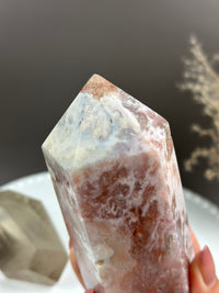 CANDYLAND Pink Red Swirly Quartzy Flower Agate Pink Amethyst 5” Tower