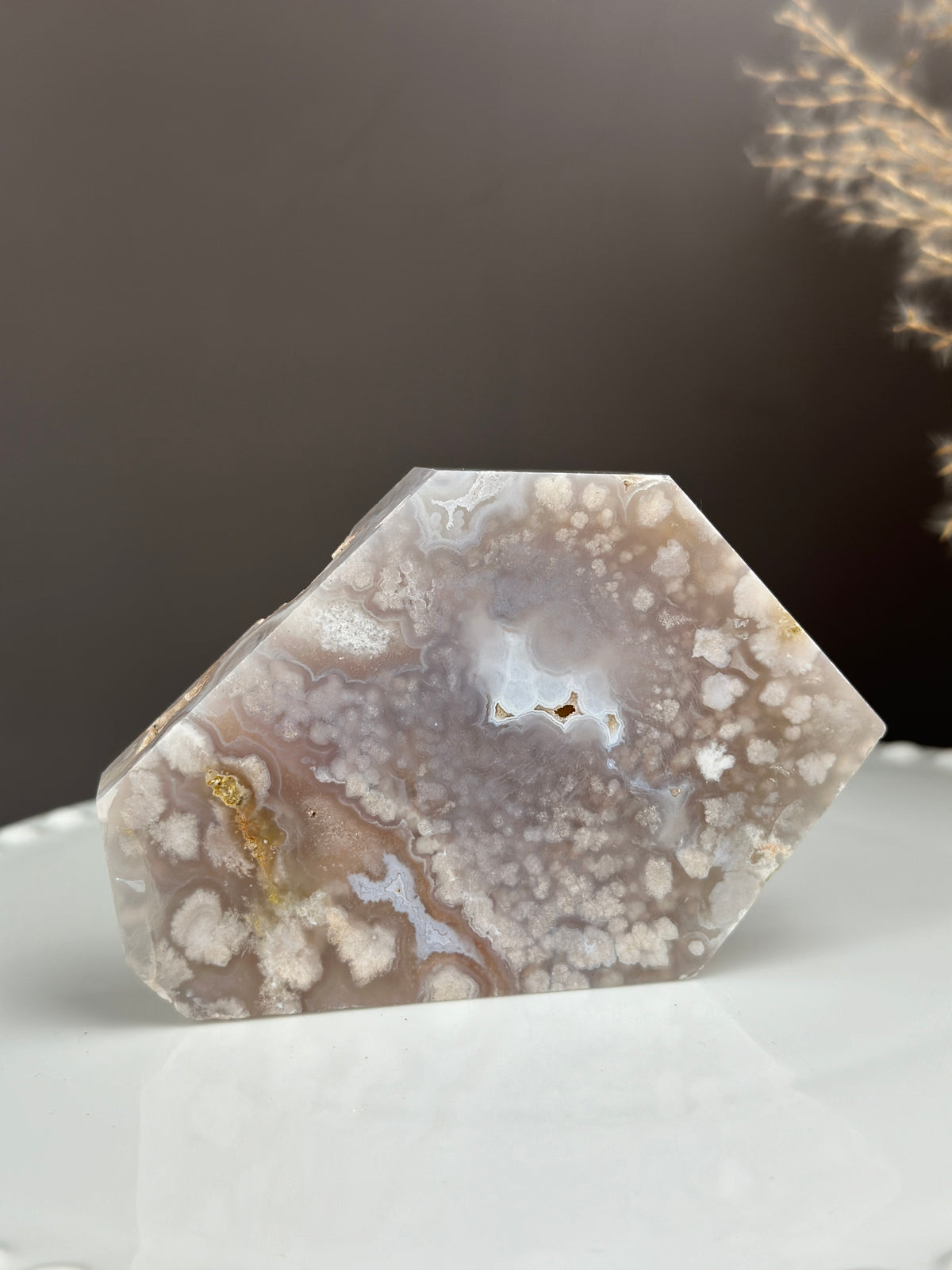 Slab Freeform Pale Grey Blue Flower Agate with druzy pockets