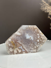 Slab Freeform Pale Grey Blue Flower Agate with druzy pockets