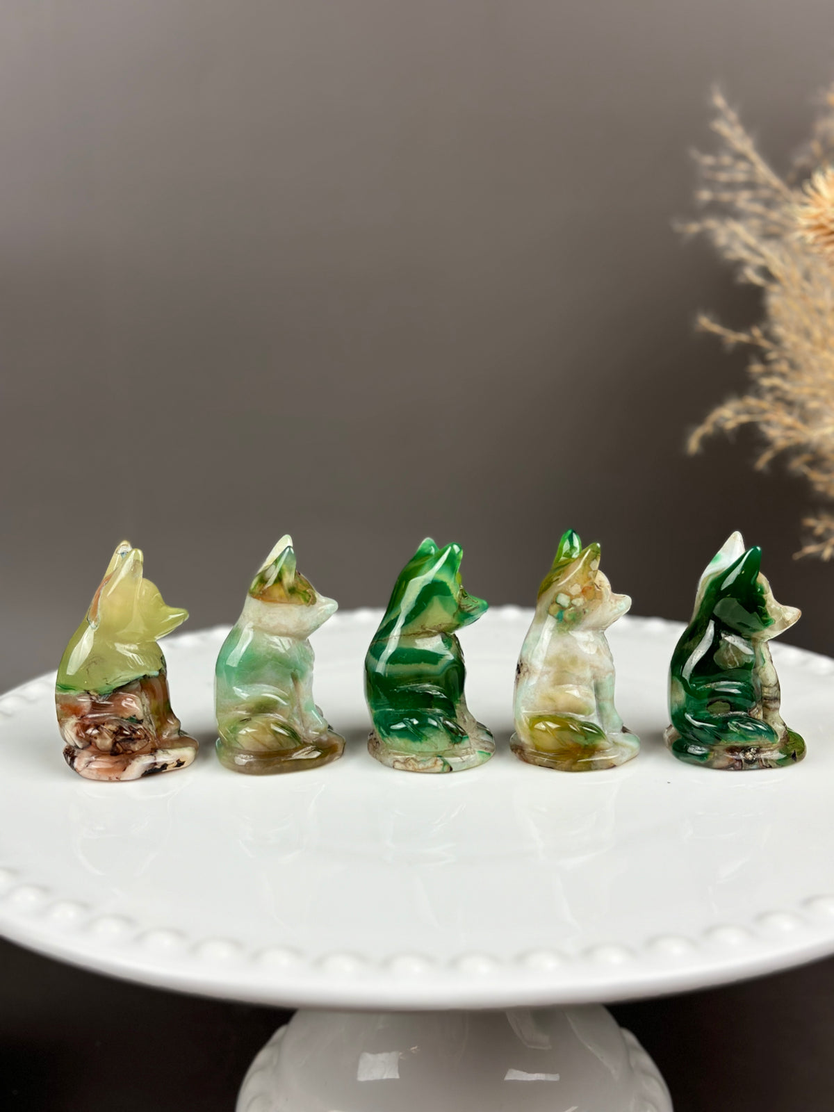 Green Flower Agate Small Crystal Fox Carving
